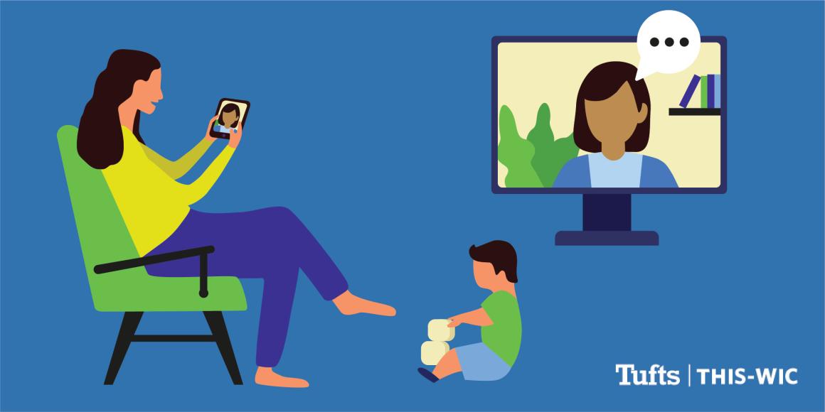 Mother is sitting on a chair, talking to the telehealth personnel visible on both the tablet and TV screens, child playing with blocks on the floor