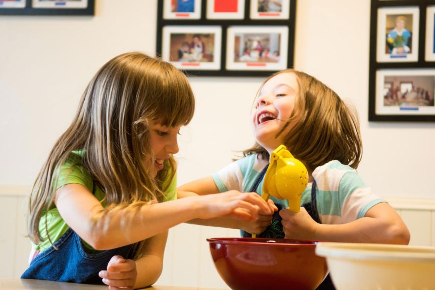 One child is squeezing a lemon with a juicer, while the other watches the lemon juice dripping into a bowl