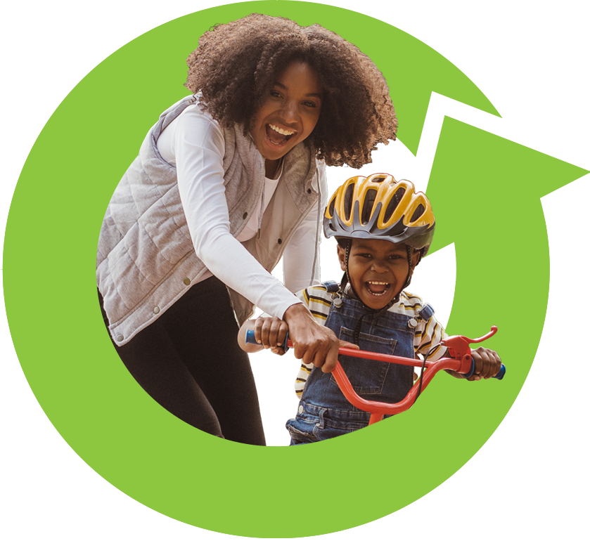 mom with kid on a bike