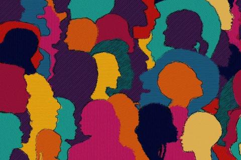 Graphic of several heads in different colors, symbolizing diversity and collaboration