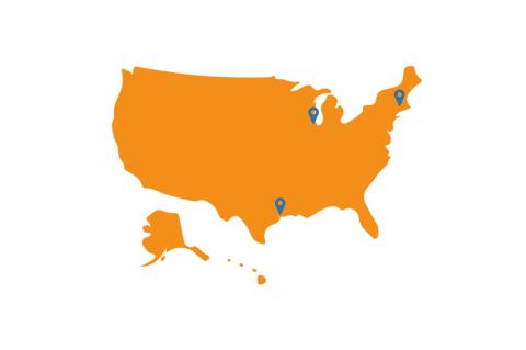 US map with location markers for Chicago IL, Worcester MA, and Harris County TX