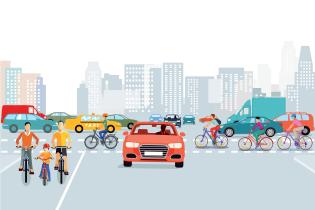 Illustration of cars and bicycles with a building in the background representing Research on Active Design in Springfield (R.O.A.D.S.) Study