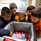 Five children looking into a cooler box containing milk and apples